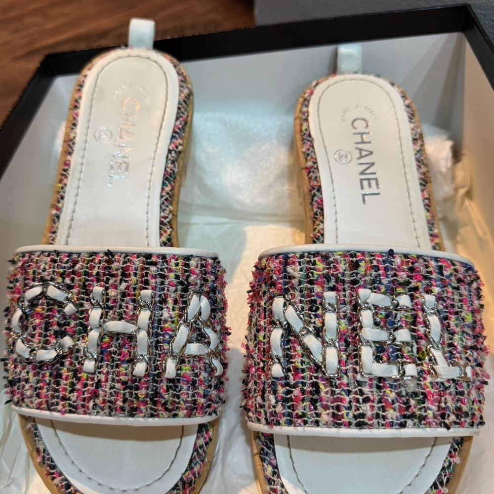 CHANEL Multicolor Tweed Slide Sandals